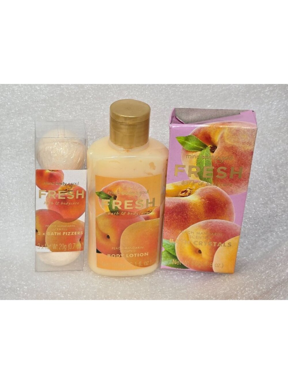 Mind Body Soul Fresh Peach Mandarin Bath & Bodycare Set Fizzers Lotion Crystals
